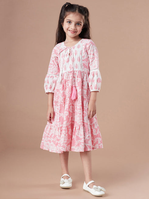 Girls Tiered Floral Print Tie-Up Neck A-Line Midi Cotton Dress